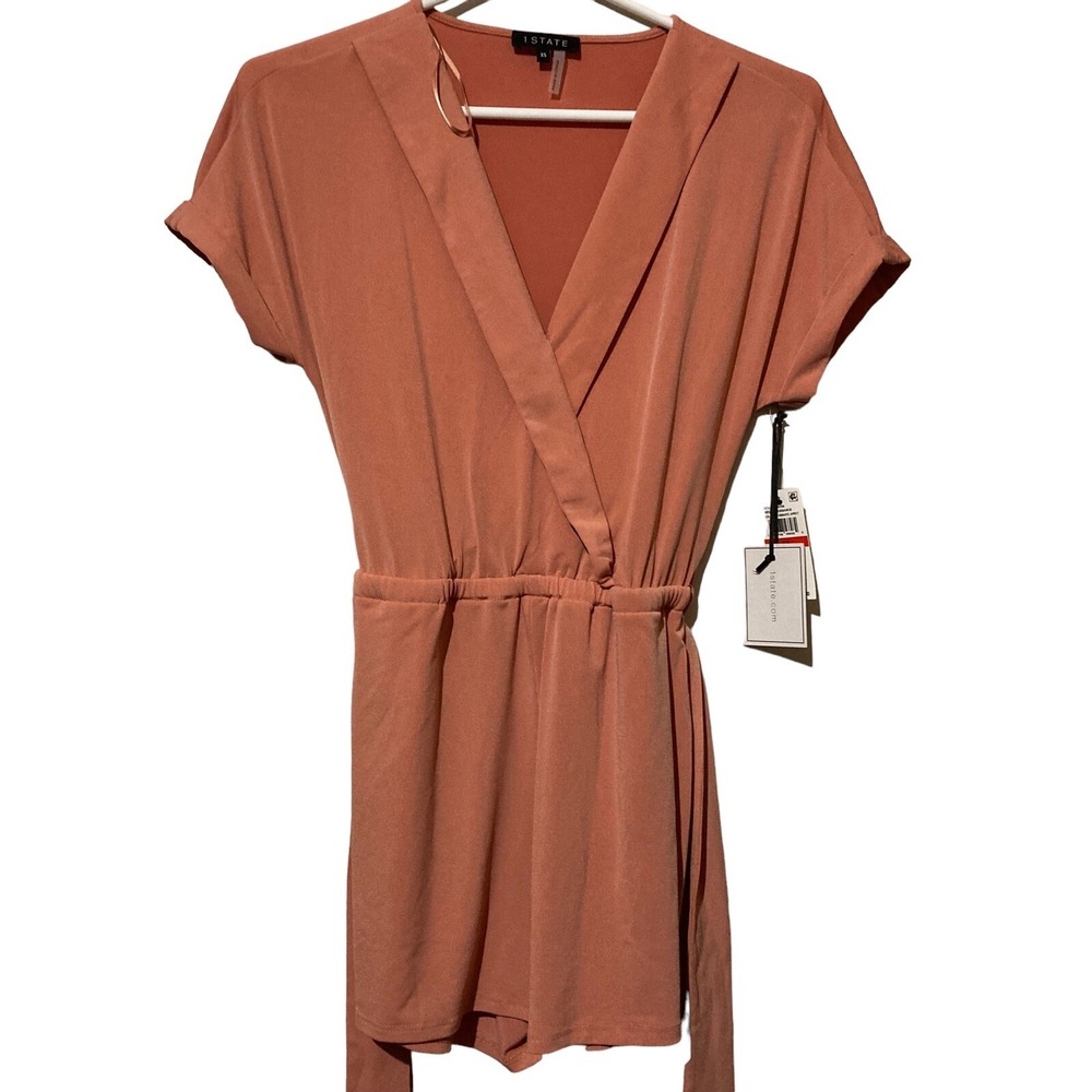 New $109 1. State Short Sleeve Wrap Front Tie Waist Peach Romper Size XS